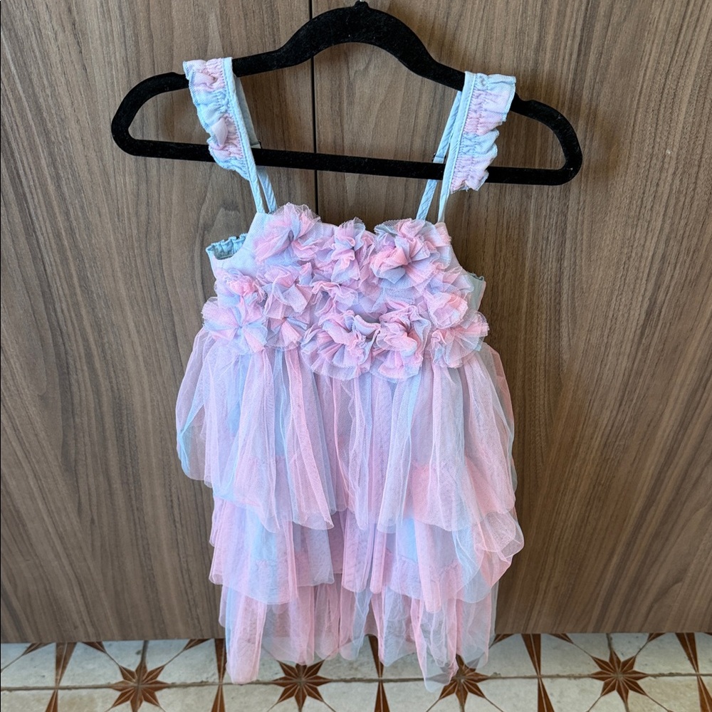 Girls Pink and Blue Tiered Tulle Ruffle Dress with Floral Bodice